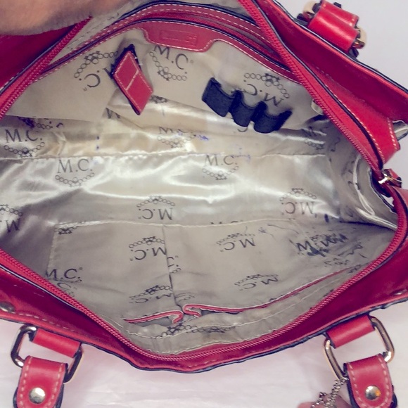 MC red embossed genuine leather satchel handbag with feet. - Picture 14 of 16